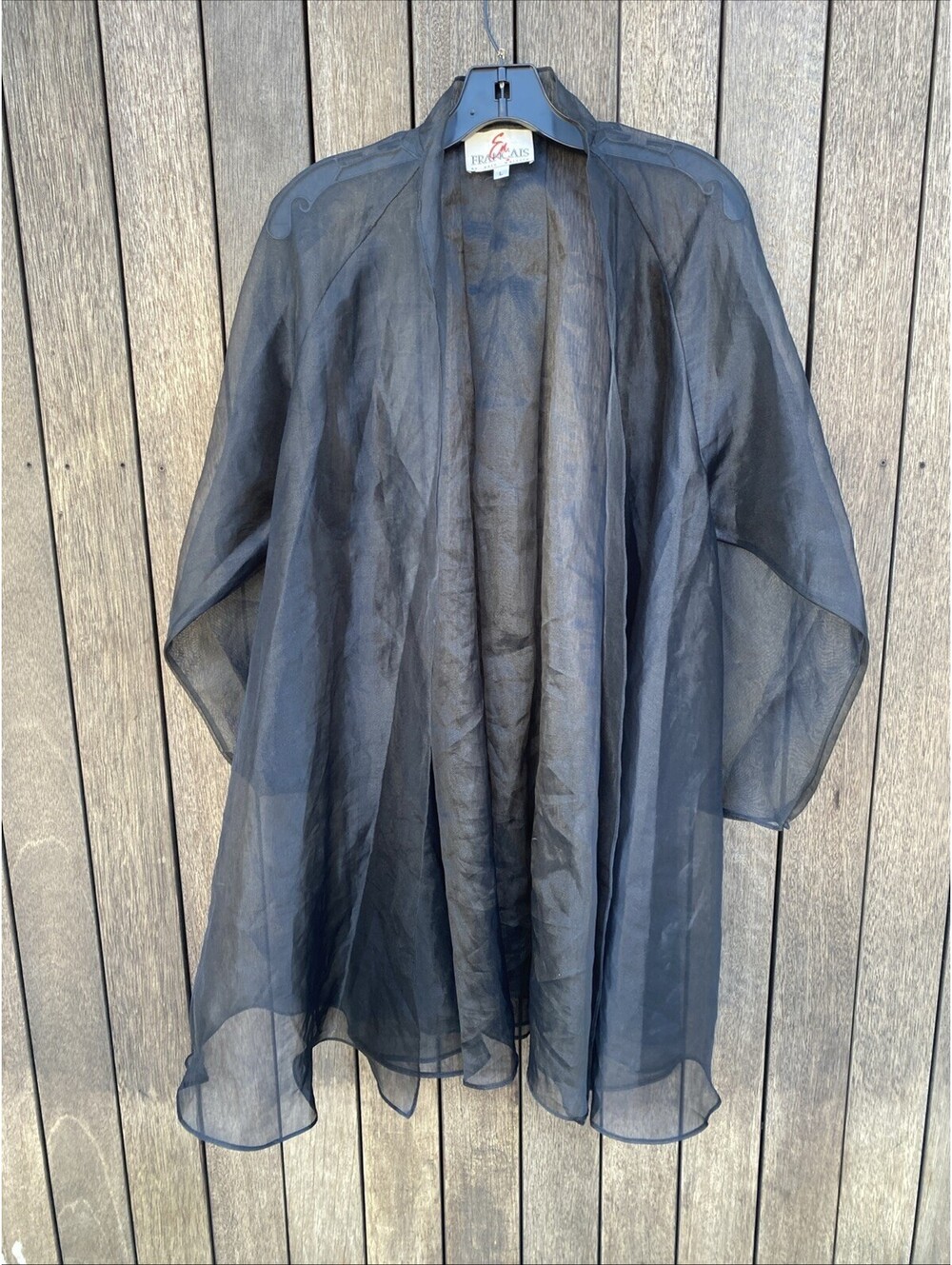 Vtg En Francais by Huey Waltzer Black sheer Chiffon Open-front Duster Jacket L
